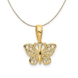 14k Yellow Gold Polished Filigree Butterfly Necklace - 18 Inch